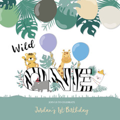 Fototapeta premium Green birthday card with rhino,tiger,zebra,llama and balloon