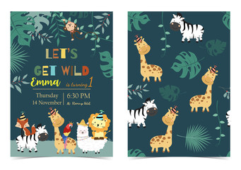 Green birthday card with lion,monkey, giraffe, zebra,llama,alpaca,parrot and fox