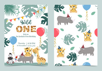 Green birthday card with rhino,tiger,zebra and balloon