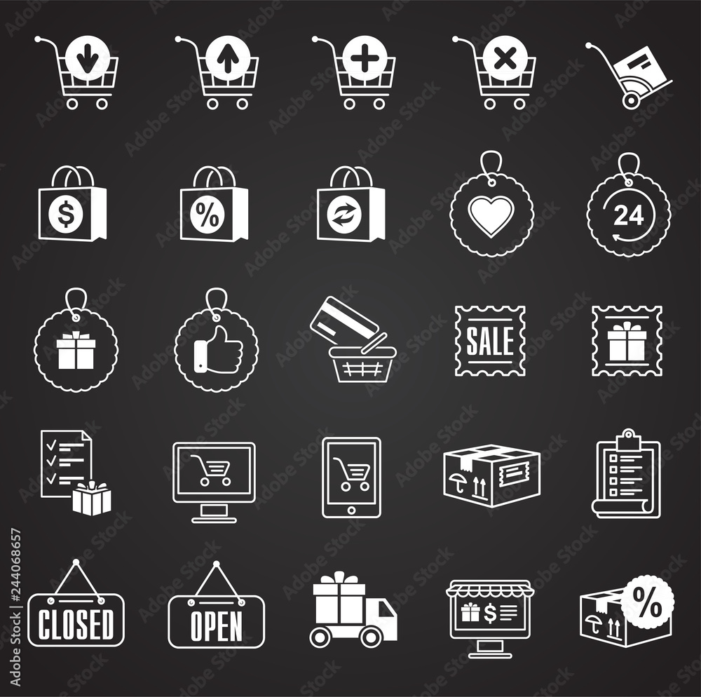 Poster online shopping icons set on black background for graphic and web design, modern simple vector sign.