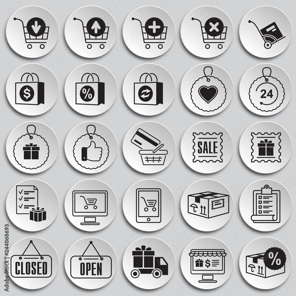 Poster online shopping icons set on plates background for graphic and web design, modern simple vector sign