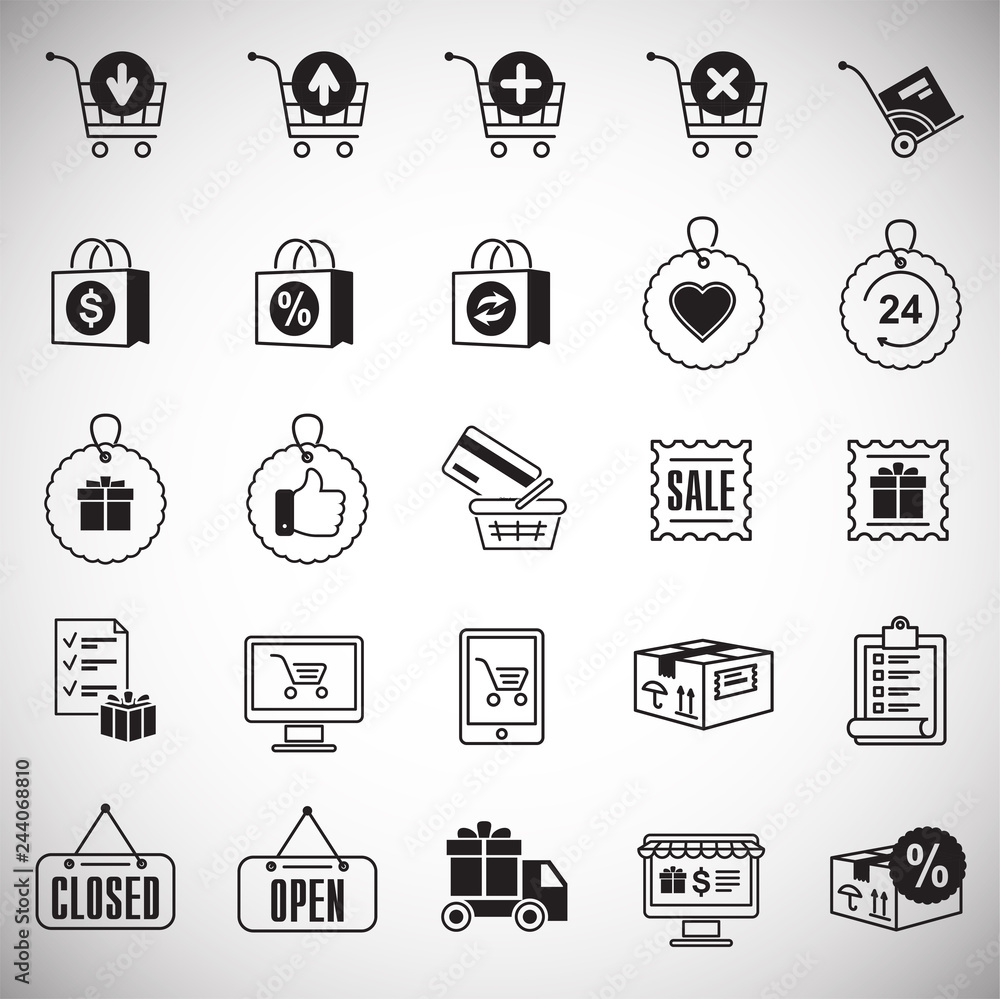 Poster online shopping icons set on white background for graphic and web design, modern simple vector sign.