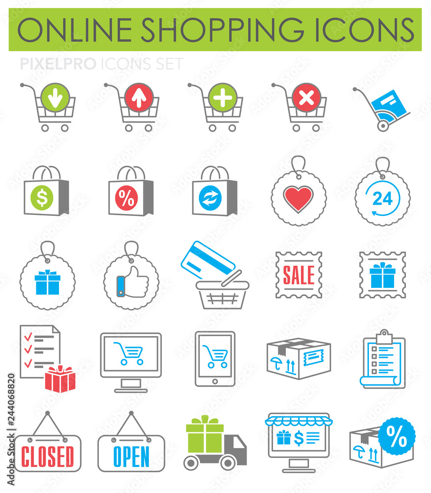 Poster online shopping color icons set on white background for graphic and web design, modern simple vector