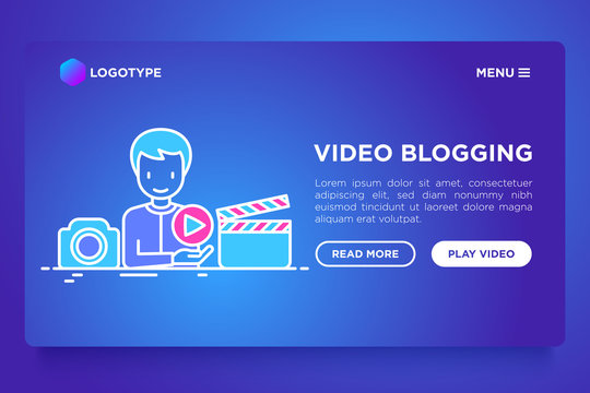 Video blogging concept with thin line icons: blogger making video with camera and play button. Modern vector illustration, web page template on gradient background.