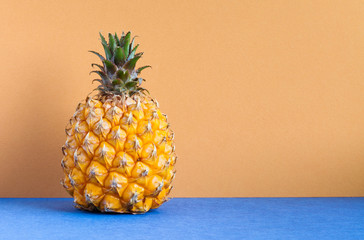 Pineapple fruit on brown blue background. Copy space