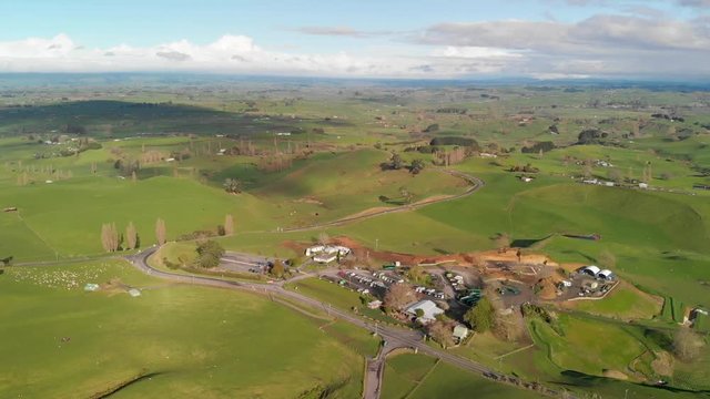 Hobbiton area in Matamata, New Zealand. Aerial panoramic view of beautiful hills from drone perspective