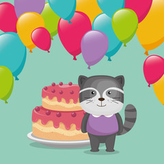 cute and little raccoon with balloons and cake