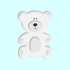 cute north arctic polar white baby bear toy in paper cut craft style sitting on white blue snow background, stock vector illustration clip art