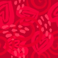 Seamless decorative pattern with hand drawn brush strokes hearts and circles.Abstract paint red background for invitations, greeting cards, quotes, blogs, posters, prints, Valentine day. Vector