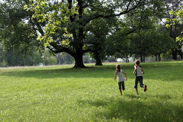 Zwei Mädchen rennen auf einer Wiese im Sommer