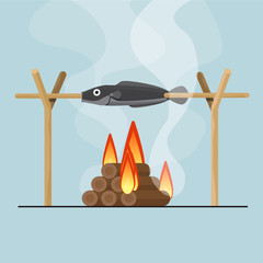 Grilled fish on bonfire vector flat design.