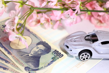 車と現金と通帳と桜の花(白背景）