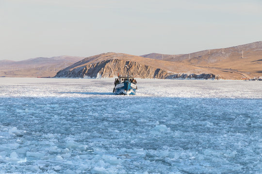 Irkutsk, Russia: January 03, 2019: Russain Ice Breaker Boat For Crossing Baikal Lake Near Olkhon Icland In Winter