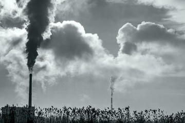 Steaming industrial pipe on the background. Environmental pollution. Ecology problems. Environmental problems, ecological theme, industry scene. Black and white