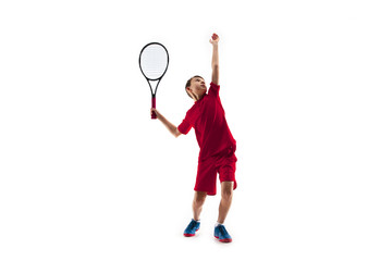 Young teen boy tennis player in motion or movement isolated on white studio background. The sport,...