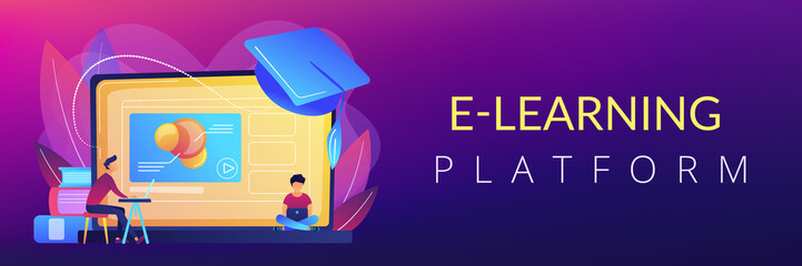 Students using e-learning platform video on laptop and graduation cap. Online education platform, e-learning platform, online teaching concept. Header or footer banner template with copy space.