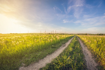 Landscape of a dirt road in a field at sunset, stretching into distance