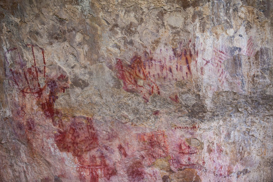 Prehistoric paintings on rock known as petroglyphs in the municipality of Facatativa in Colombia