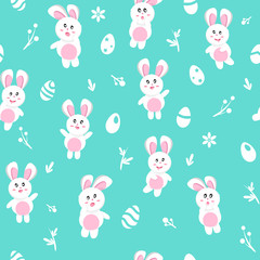 Rabbit in winter, seamless pattern, Happy easter egg, background texture cute baby cartoon seasonal holiday, vector illustration
