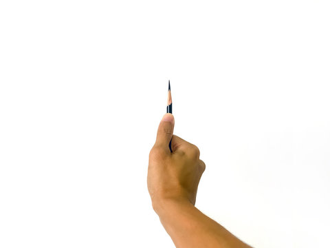 A man hand holding a very sharp pencil with his thumb in isolated white background.