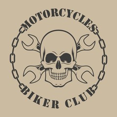 Biker emblem. Skull with keys. Text and chain.