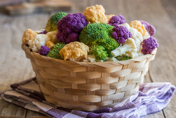 Cut cauliflower of different types and different colors