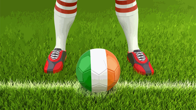 Man and soccer ball  with Irish flag