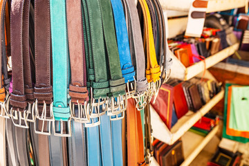 Various leather belts for sale at the openair market