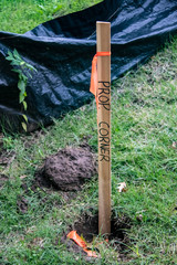 Closeup of wooden stake in ground with orange tape and Property Corner marked on it near...