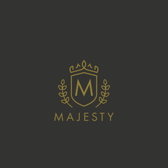 Initials letter M logo business vector template. Crown and shield shape. Luxury, elegant, glamour, fashion, boutique for branding purpose. Unique classy concept.