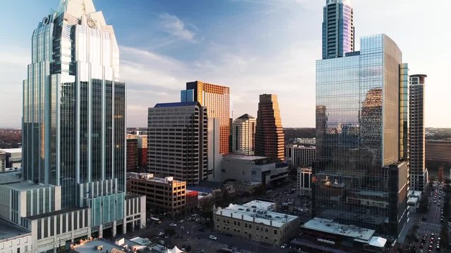 4K Aerial of Frost Tower and Austin at Sunset