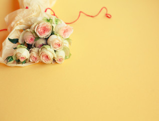 Love,valentines,birthday,anniversary,8march  day background/bouquiet of roses,wooden heart,gifts /top view