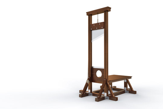 Guillotine instrument for inflicting capital punishment by decapitation isolated on white background. Old wooden instrument for execution. Space for design or text 3d Rendering illustration