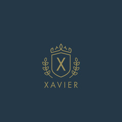 Initials letter X logo business vector template. Crown and shield shape. Luxury, elegant, glamour, fashion, boutique for branding purpose. Unique classy concept.