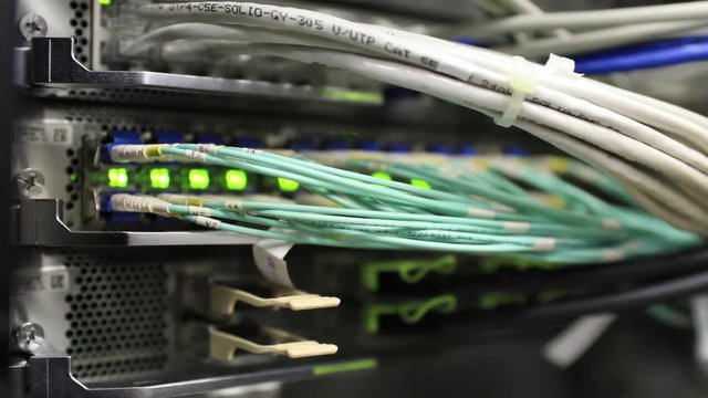 rack in the data center with working servers, RJ45 and UTP closeup