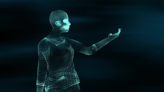 Wireframe model of woman presenting or showing area of copyspace. Concept animation with futuristic science technology.