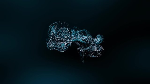 Collission of shapes. Abstract background animation with moving colorful particles on dark background.
