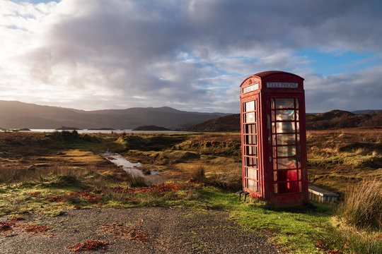 A solitary telephone box near Kentra bay in ardnamurchan, Lochaber, Scotland.