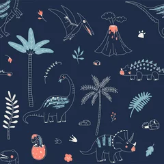  Childish seamless pattern with hand drawn dino in scandinavian style. Creative vector kid-like background for fabric, textile, apparel and more © AngellozOlga
