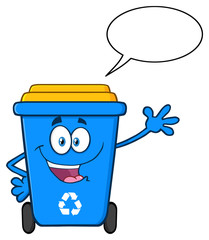 Happy Blue Recycle Bin Cartoon Mascot Character Waving For Greeting With Speech Bubble. Vector Illustration Isolated On White Background