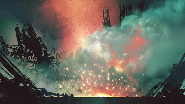 motion painting of frightening explosion with light sparks flying in the air, illustration