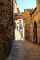 Fototapeta na wymiar Medieval narrow street with stone walls and arch at sunny winter day, San Gimignano, Tuscany, Italy