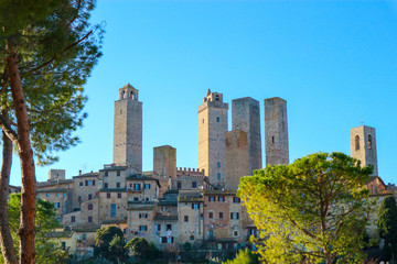 Fototapeta na wymiar Famous San Gimignano medieval tower with a trees and blue sky on the background, Tuscany, Italy