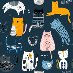 Seamless pattern with cute Kittens in diferent style. Creative childish texture. Great for fabric, textile Vector Illustration - obrazy, fototapety, plakaty