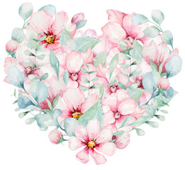 wreath of blossom pink cherry flowers in watercolor style with white background. Set of summer blooming japanese sakura branch decoration