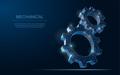 Abstract vector wireframe two gear 3d modern illustration on dark blue background