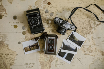 vintage map, antique film cameras and prints