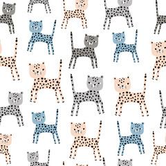 Seamless pattern with cute hand drawn leopards. Creative childish texture. Great for fabric, textile Vector Illustration