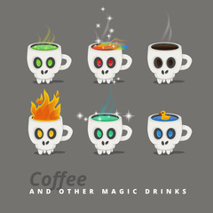 Spooky Halloween drinks, set of icons. Cup like a skull with a fantastic liquid. Vector illustration.