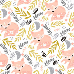 Seamless woodland pattern with sleeping fox and floral elements . Creative kids for fabric, wrapping, textile, wallpaper, apparel. Vector illustration